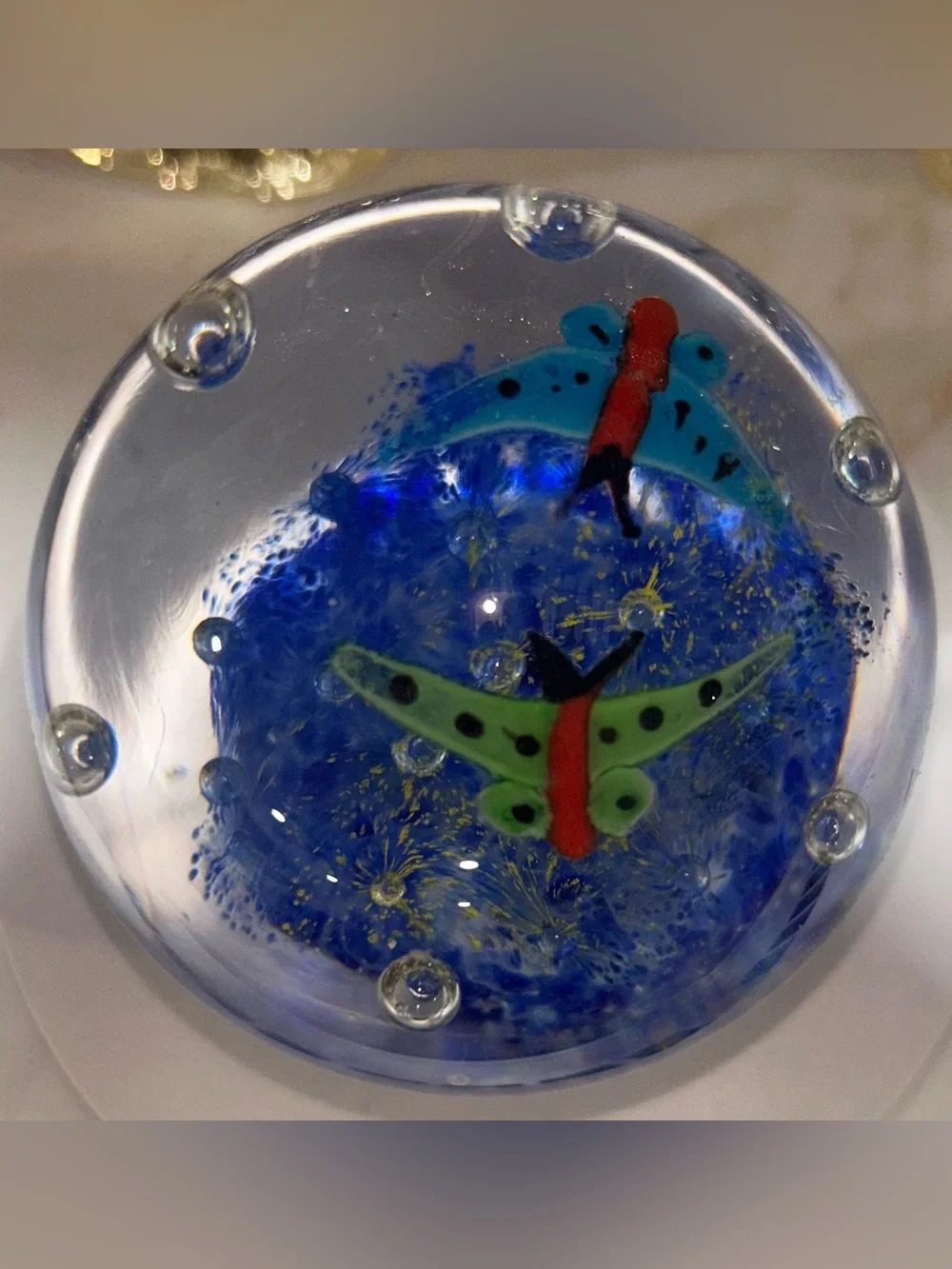 Art Glass Controlled Bubble / Butterfly & Flower paperweight. Like New